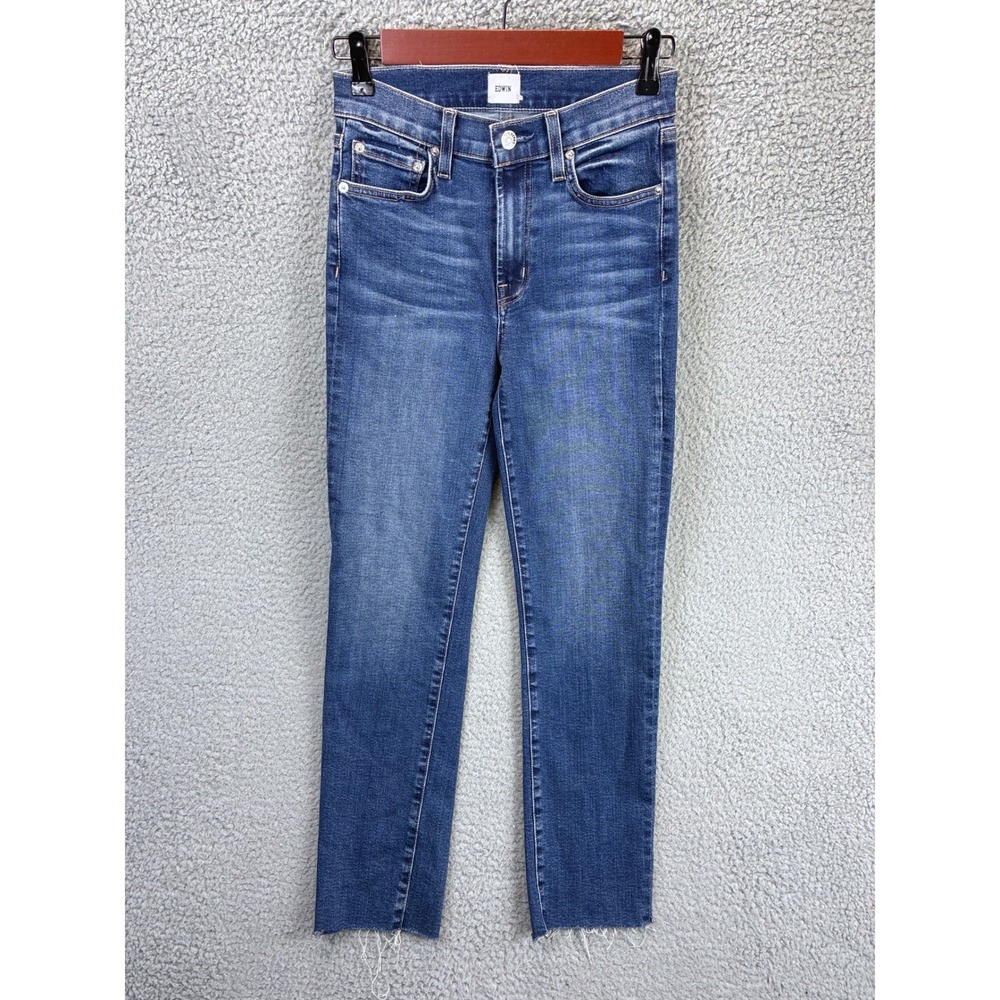 Edwin Bree Deja Blue Slim Straight Jeans Womens 24 Raw Hem Stretch Denim